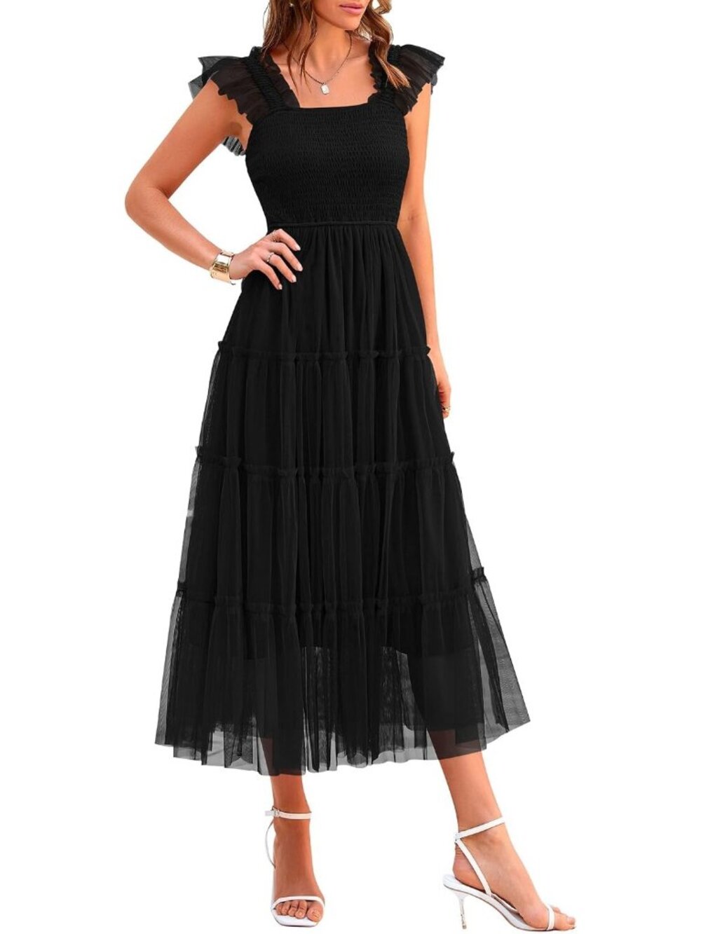 Women's Black Summer Smocked Tulle Sleeveless Square Neck A Line Midi Dress